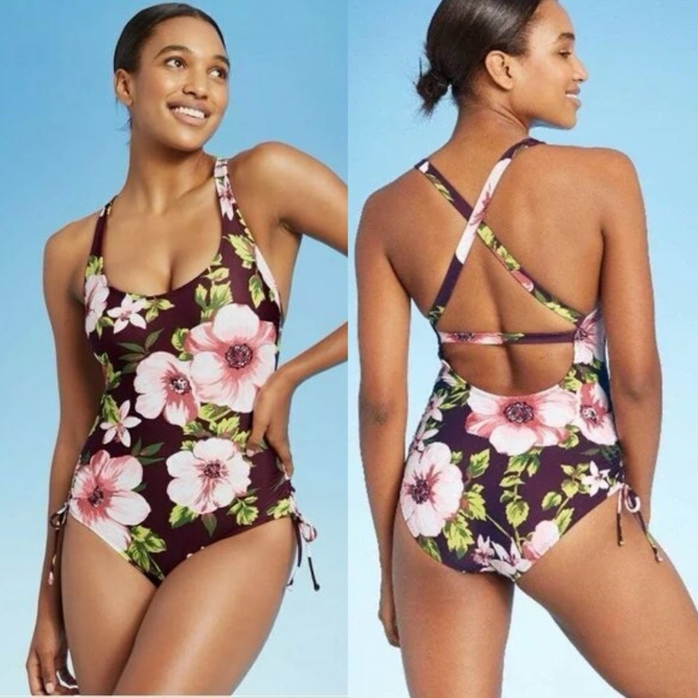 Kona Sol Floral Purple Pink One Piece Swimsuit Size Medium
